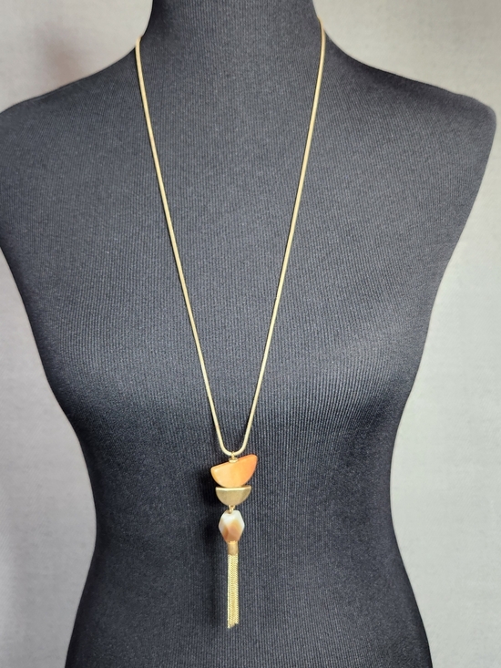 no brand Jewelry - Gold-Tone 32" Long Tassel Necklace with Orange and Cream Stone Accents